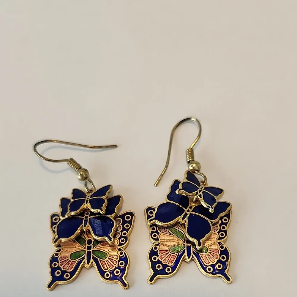 Vintage Unique Cloisonne Triple  Butterfly Earrings Blue And Gold
